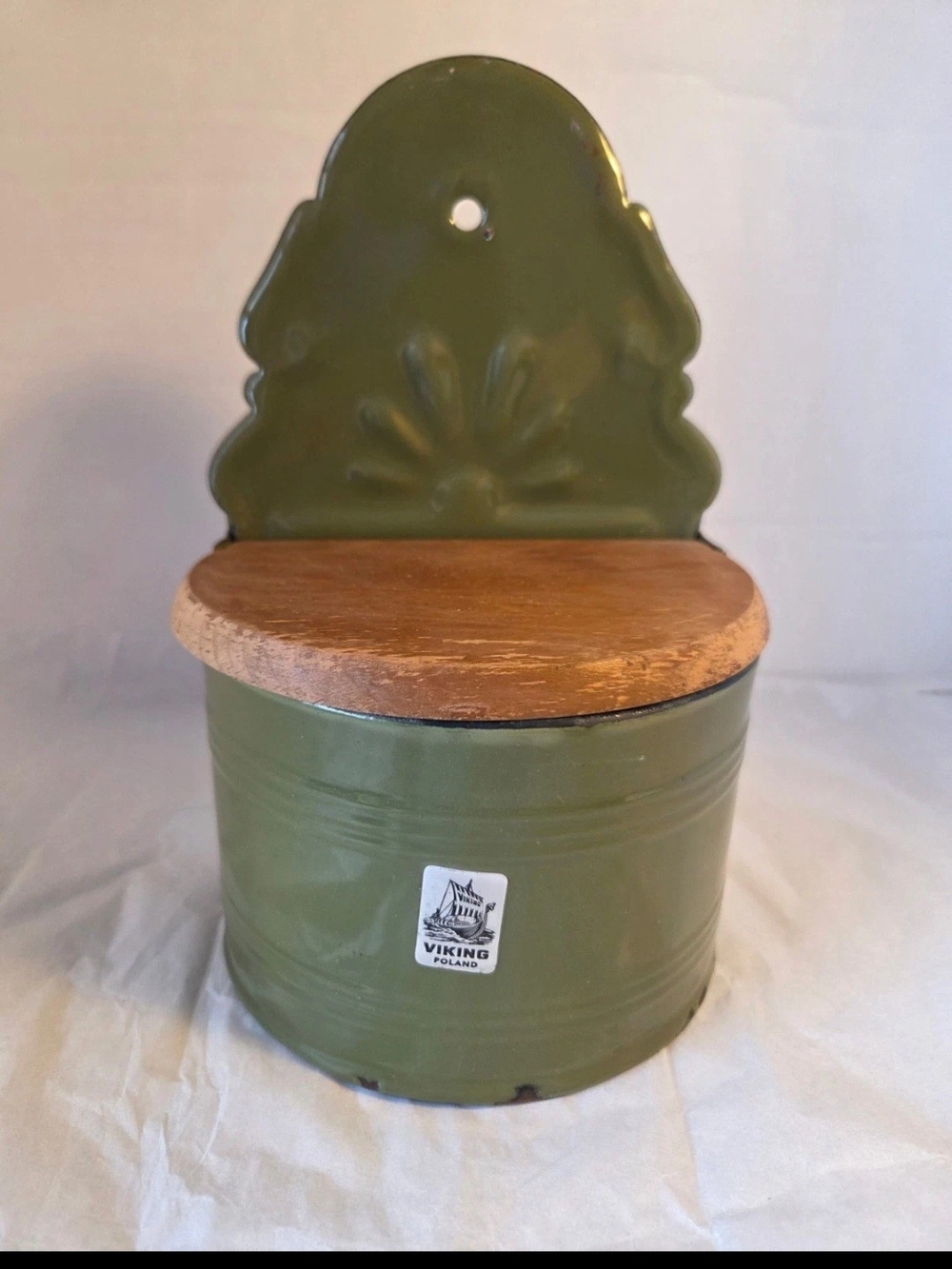 Vintage Green Enamel Hanging Wall Salt Box Viking Poland